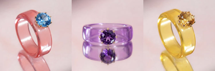 Anillos CG en rosa, morado y amarillo con gemas naturales